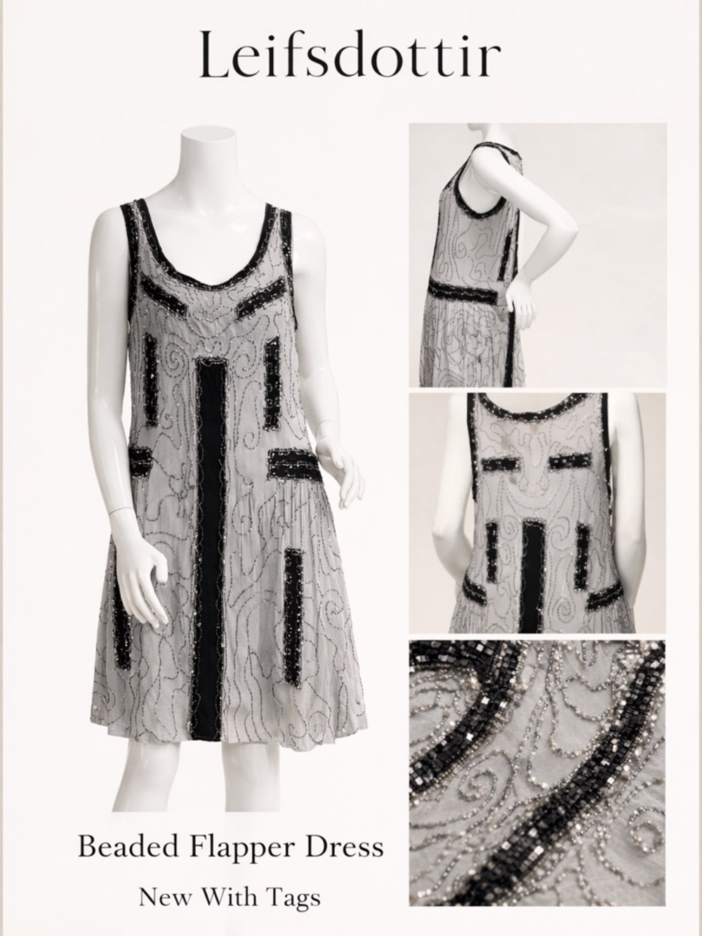 Leifs Dorttir Sequin Cocktail Dress | Black & Silver Glam | Open Back | Size 10
